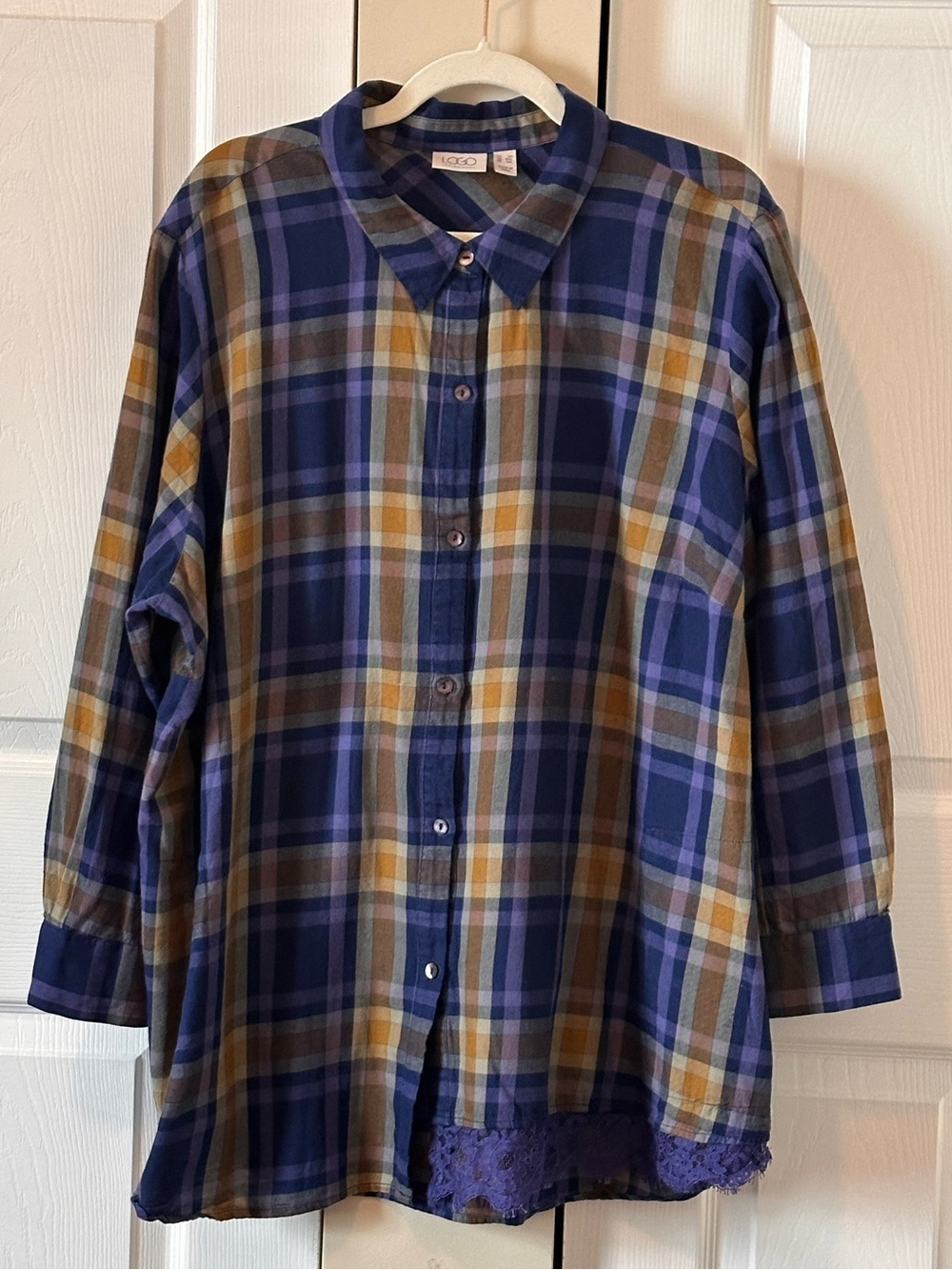 Women’s LOGO Lori Goldstein Blue Purpke & Yellow Plaid Button-Up Shirt Sz:3X GUC - Picture 3 of 13